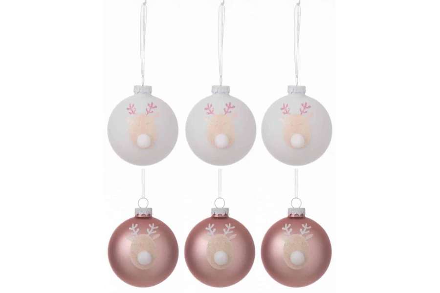 BOX OF 6 CHRISTMAS BAUBLES 3+3 REINDEER GLASS LIGHT PINK/WHITE SMALL