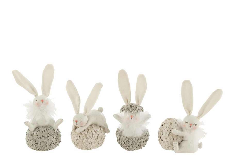 RABBIT WITH EGG POLY WHITE/GREY SMALL ASSORTMENT OF 4