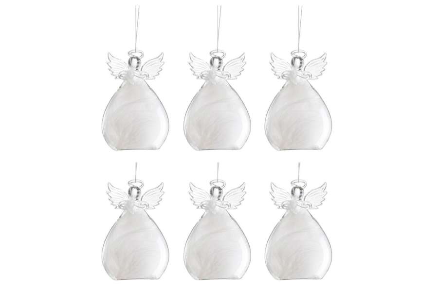 BOX OF 6 ANGEL HANGER FEATHERS GLASS TRANSPARENT/WHITE
