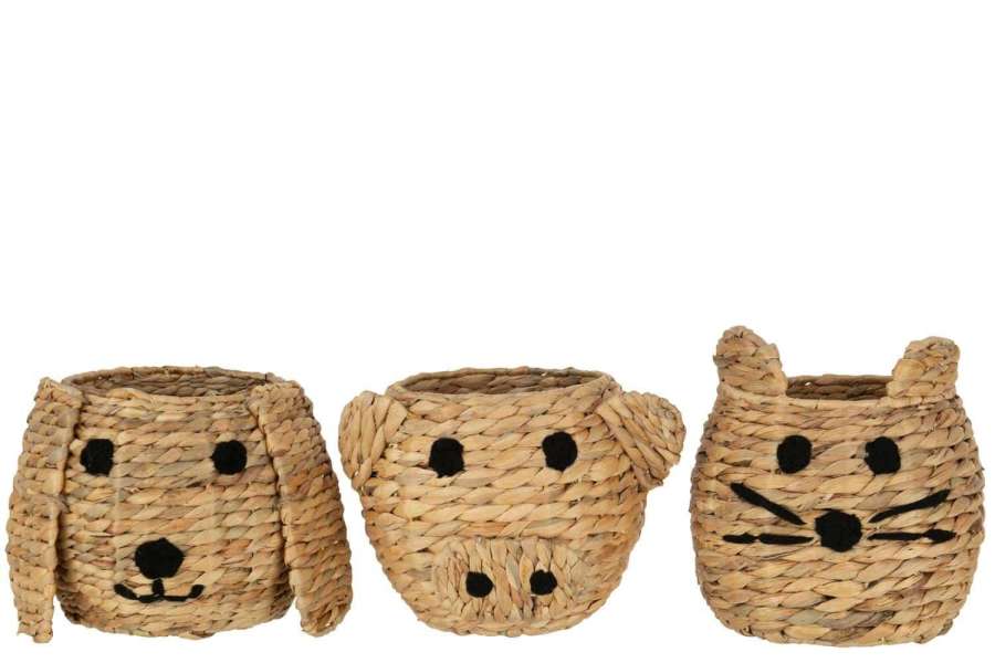 BASKET CAT/DOG/PIG WATER HYACINTH NATURAL ASSORTMENT OF 3