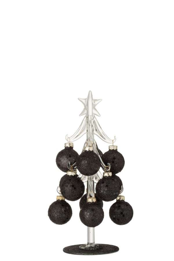 TREE WHITE BAUBLES STARS GLASS BLACK SMALL