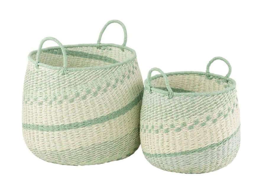 SET OF 2 BASKET+HANDLES SEAGRASS BEIGE/GREEN