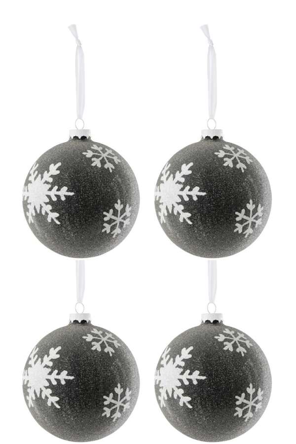 BOX OF 4 CHRISTMAS BAUBLE PEARLS+SNOWFLAKE GLASS GREY DARK/WHITE LARGE