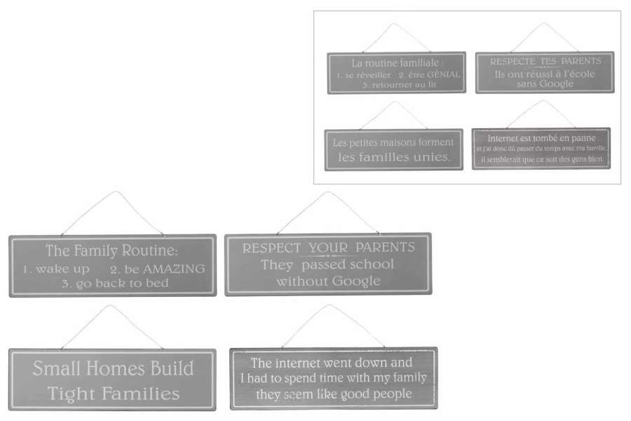 PLACARD MIX 1 ENGLISH/FRENCH METAL ANTIQUE GREY/WHITE ASSORTMENT OF 4