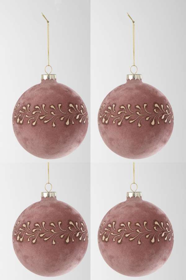 BOX OF 4 CHRISTMAS BAUBLE MOTIVE VELVET LIGHT PINK/GOLD
