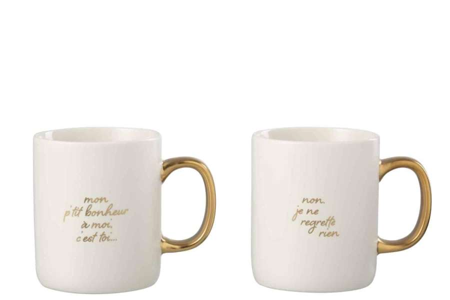 MUG MESSAGE BONHEUR PORCELAIN WHITE / GOLD ASSORTMENT OF 2