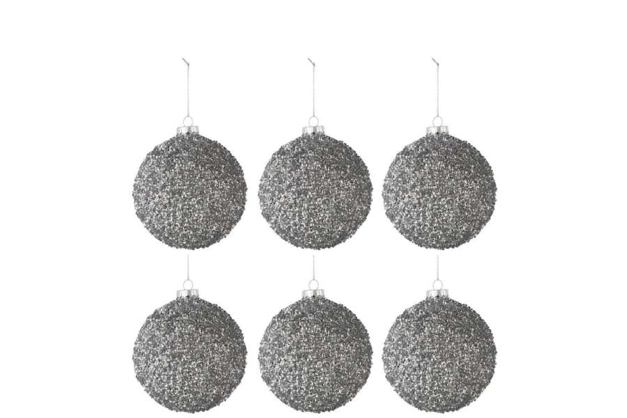 BOX OF 6 CHRISTMAS BAUBLES GLITTER GLASS SMOKEY GREY SMALL