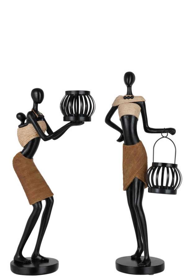 TEALIGHT HOLDER ON HEAD OF FIGURE ETHNIC POLY BROWN ASSORTMENT OF 2