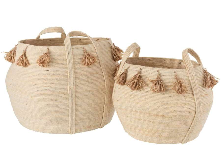 SET OF 2 BASKETS BALL TASSELS MAIZE LIGHT BROWN/NATURAL