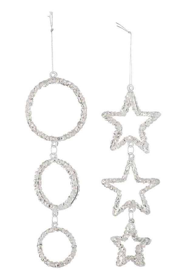 HANGER CIRCLE/STAR GLASS GLITTER SILVER ASSORTMENT OF 2