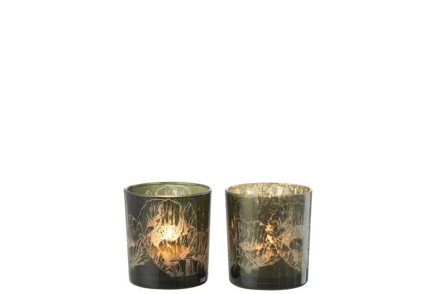 TEALICHT HOLDER FLOWERS GLASS KAKHI GREEN/ANTIQUE KAKHI GREEN SMALL ASSORTMENT OF 2