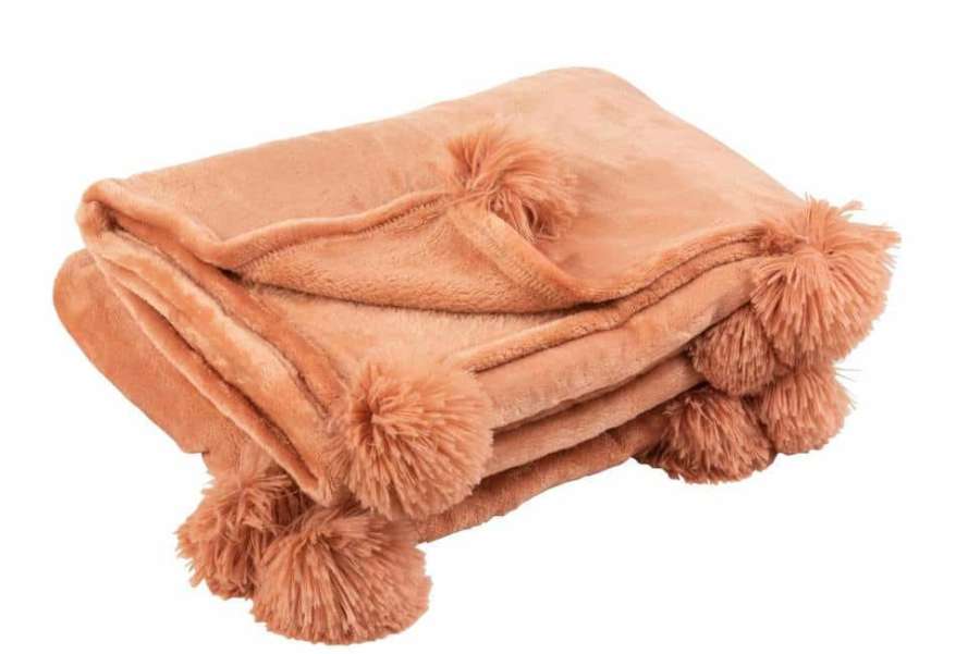 PLAID POMPOM POLYESTER PEACH