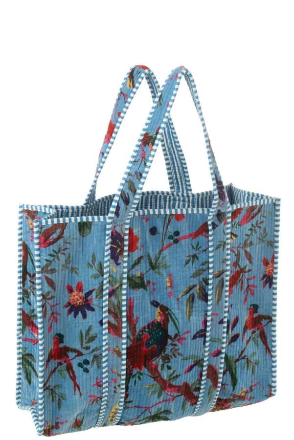 TOTE BAG BIRDS/FLOWERS COTTON VELVET BLUE
