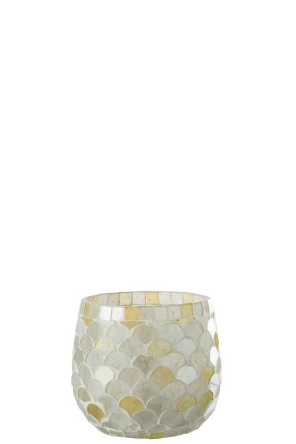 TEALIGHT HOLDER MOSAIC GLASS WHITE/LIGHT YELLOW SMALL
