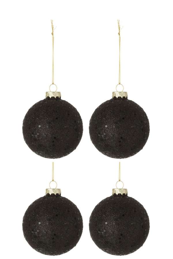 BOX OF 4 CHRISTMAS BAUBLES STARS GLASS BLACK MEDIUM