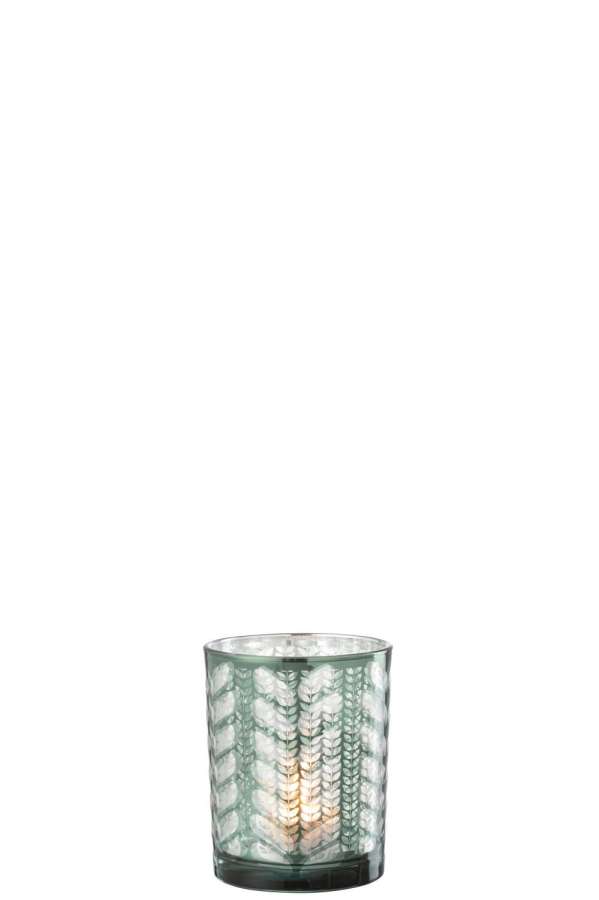 TEALICHT HOLDER HERRINGBONE GLASS GREEN/SILVER SMALL