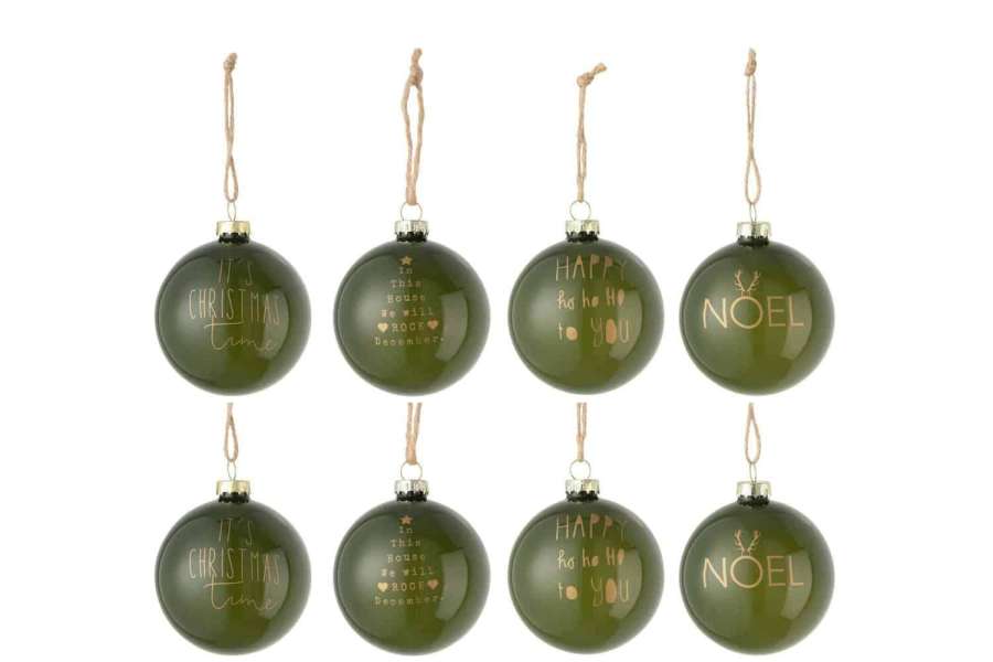 BOX OF 8 CHRISTMAS BAUBLES TEXT XMAS GLASS MATTE GREEN