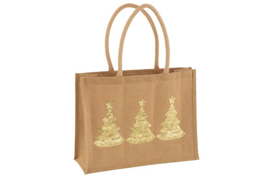 BAG 3 CHRISTMAS TREES SEQUIN JUTE NATURAL/GOLD