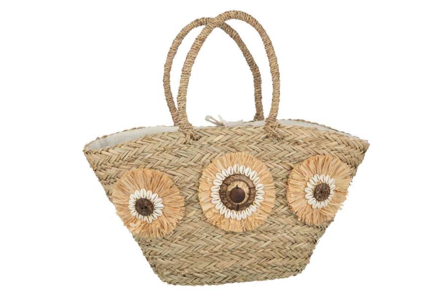 BEACH BAG SUNFLOWERS SHELLS SEAGRASS NATURAL