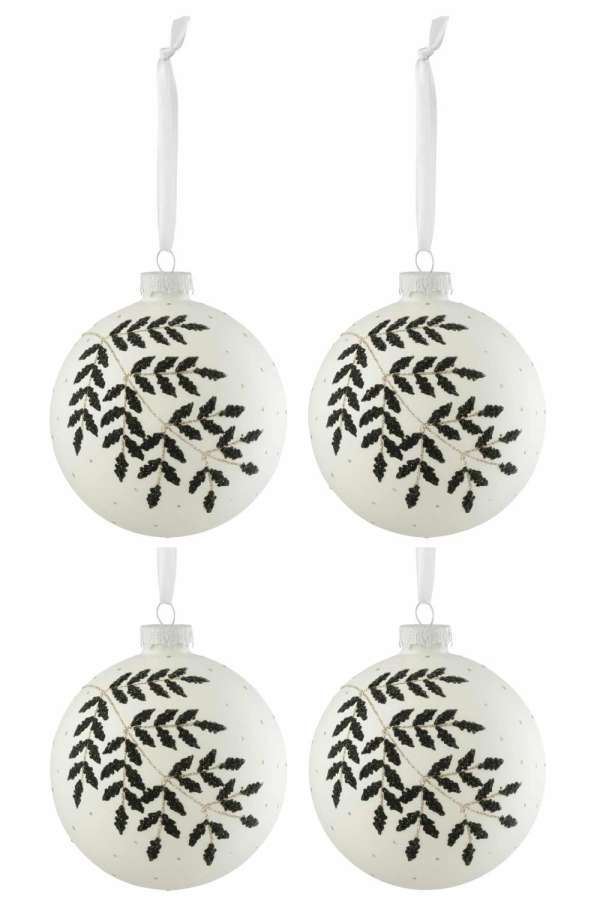 BOX OF 4 CHRISTMAS BAUBLES CHRISTMAS LEAF GLITTER GREEN GLASS WHITE MEDIUM