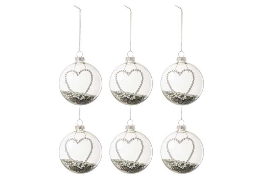 BOX OF 6 CHRISTMAS BAUBLES HEART STRASS SILVER STARS GLASS CLEAR SMALL