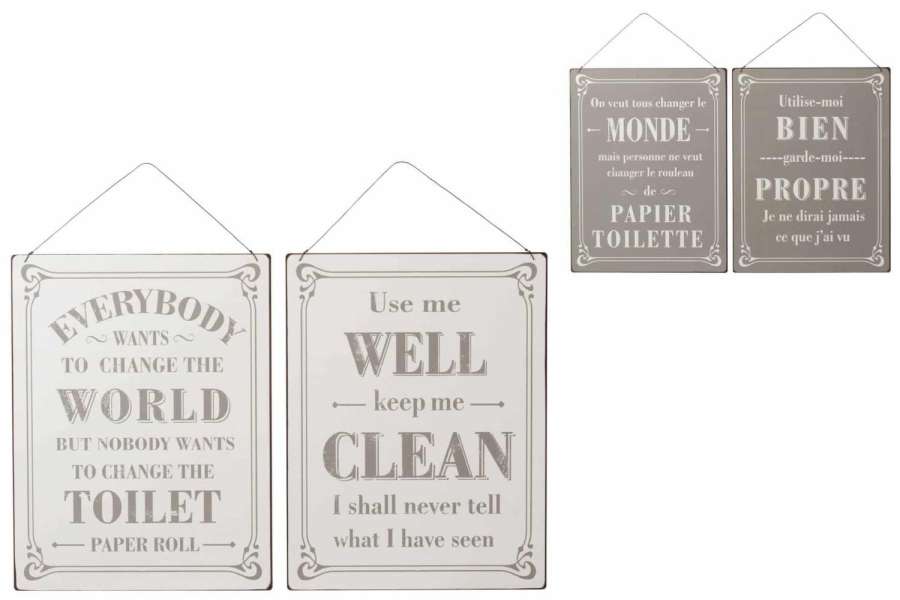 PLACARD TOILET MIX ENGLISH/FRENCH METAL WHITE/BLACK ASSORTMENT OF 2