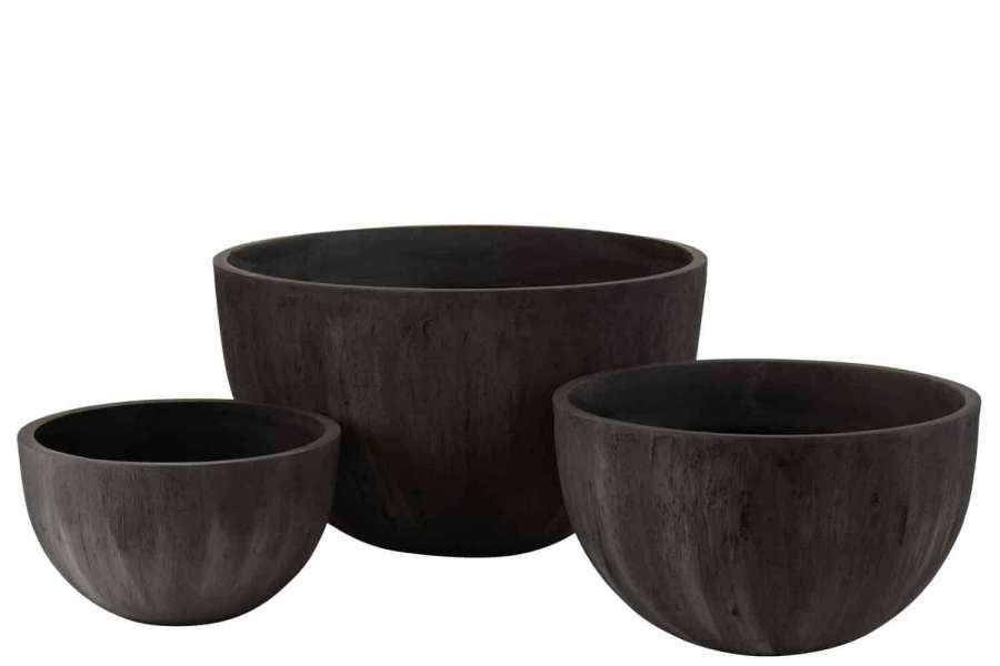SET OF 3 FLOWERPOTS ROUND CERAMIC LOW BLACK