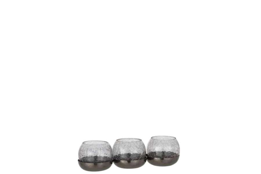 TEALIGHT HOLDER 3 BALL CRAQUELURE GLASS/STAINLESS STEEL BLACK