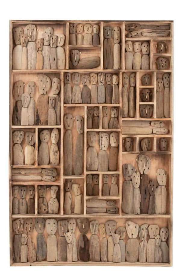 WALL DECORATION FAMILY MASKS COMPARTMENTS RECYCLED WOOD NATURAL LARGE