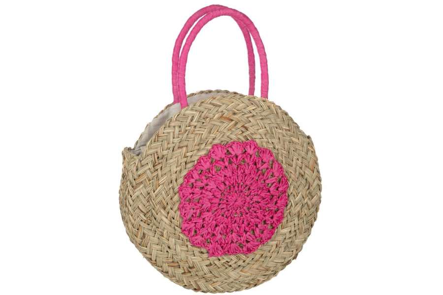 BEACH BAG ROUND FLOWER SEAGRASS NATURAL/FUSHIA