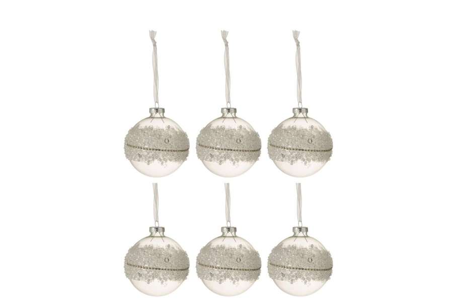 BOX OF 6 CHRISTMAS BAUBLES SUGAR MIDDLE DIAMONDS LINE GLASS CLEAR SMALL