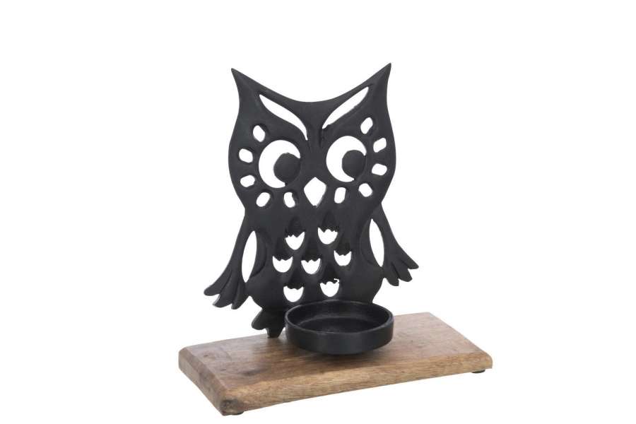CANDLE HOLDER OWL ALUMINIUM/WOOD BLACK LARGE