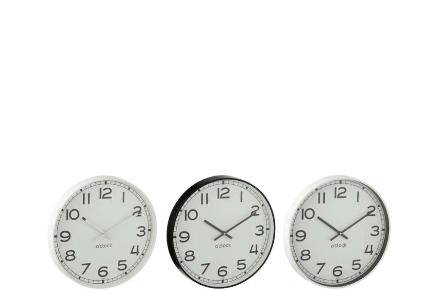 WALL CLOCK ROUND PLASTIC WHITE/BLACK SMALL ASSORTMENT OF 3