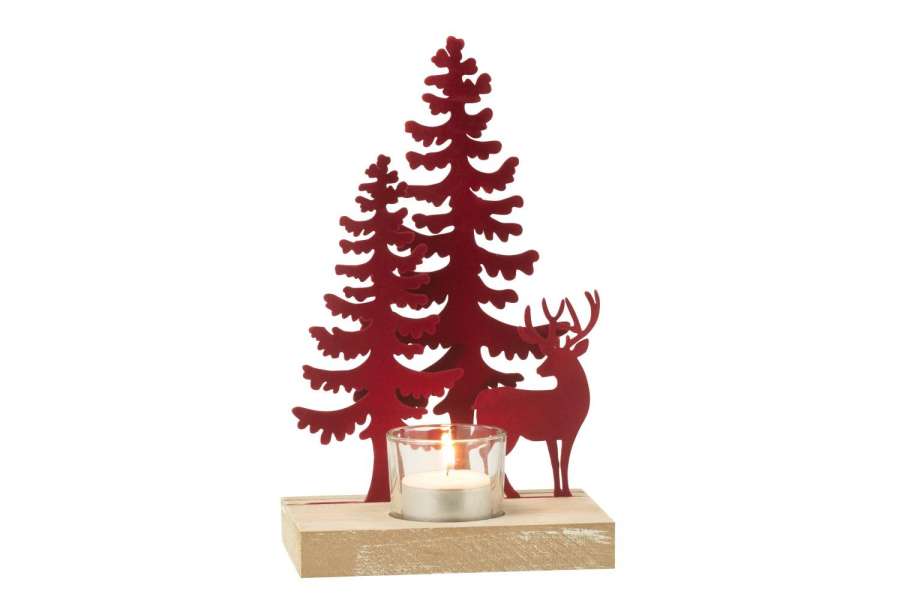 TEALIGHT HOLDER 1 PIECE REINDEER/TREES METAL/WOOD RED