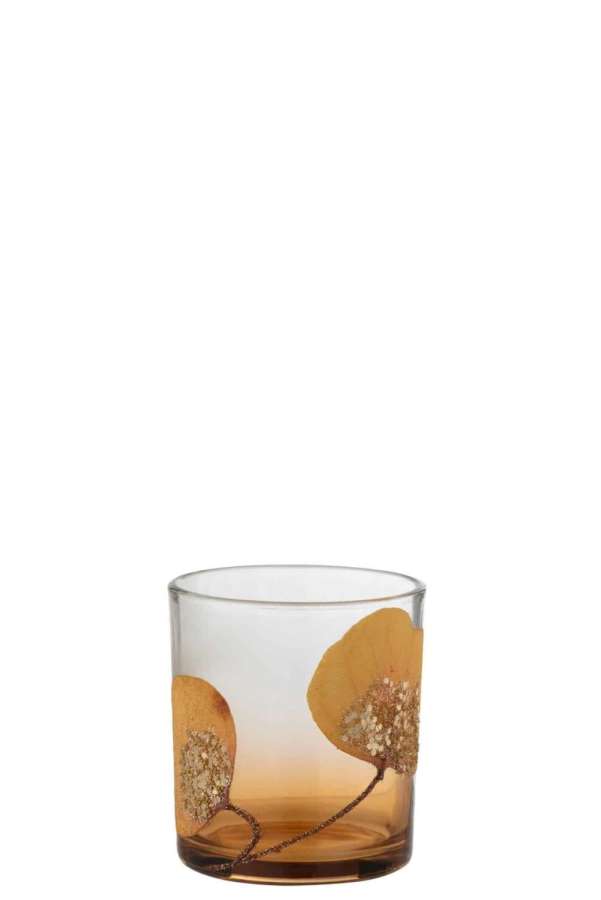 TEALIGHT HOLDER DRIED LEAF OCHRE+GLITTER SMALL