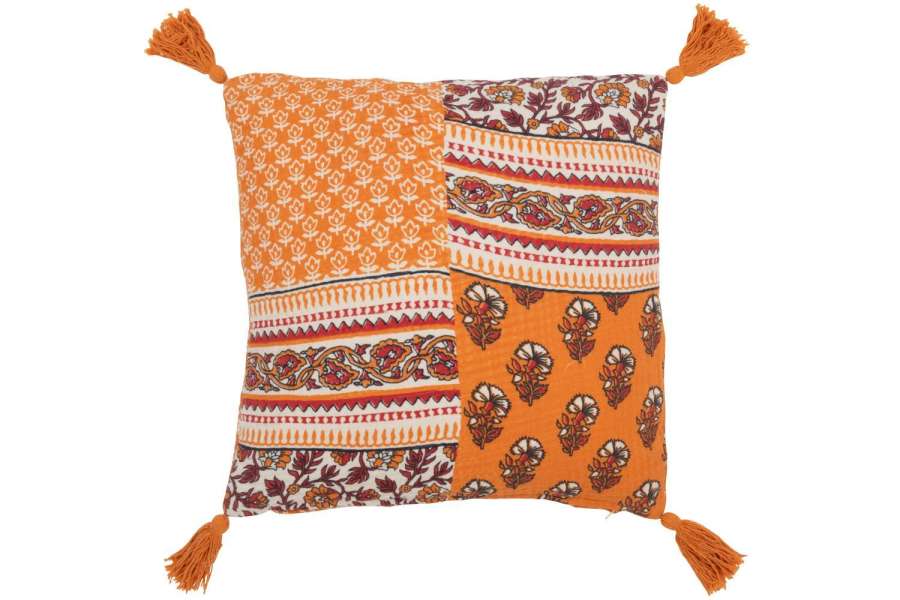 CUSHION FLOWERS+TASSELS COTTON ORANGE