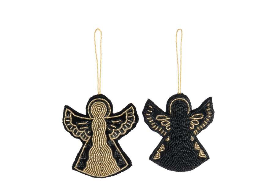 HANGER ANGELS FABRIC/BEADS BLACK/GOLD COLORED ASSORTMENT OF 2