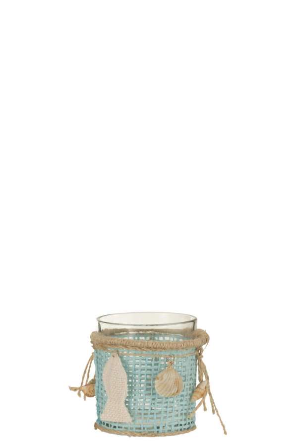 TEALIGHT HOLDER SEA DECORATION GLASS BLUE/WHITE