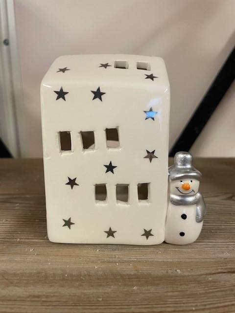 Hus til telys m/snømann- hvit/sølv -11cm