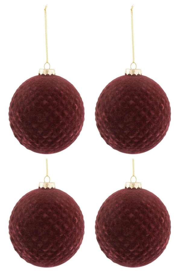 BOX OF 4 CHRISTMAS BAUBLES PATTERN VELVET GLASS BURGUNDY MEDIUM