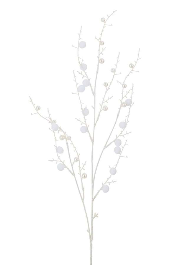BRANCH POMPOMS+PEARLS PLASTIC WHITE