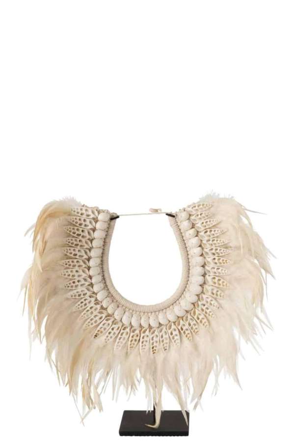 NECKLACE+STAND DORA SHELLS/FEATHERS WHITE LARGE