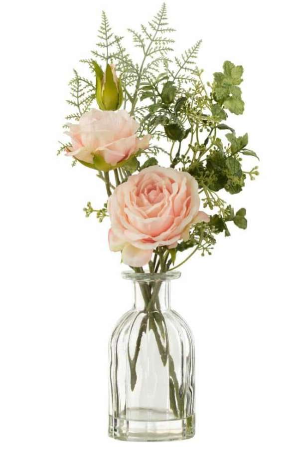 BOUQUET ROSES IN VASE+ARTIFICIAL WATER PLASTIC GREEN/LIGHT PINK LARGE