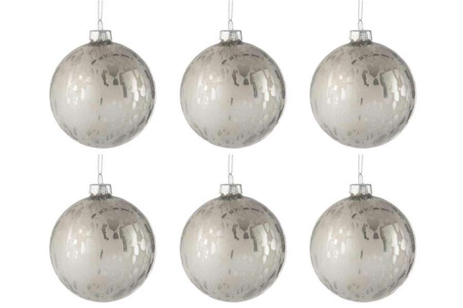 BOX OF 6 CHRISTMAS BAUBLE GLASS SHINING/MATTE ANTIQUE SILVER SMALL