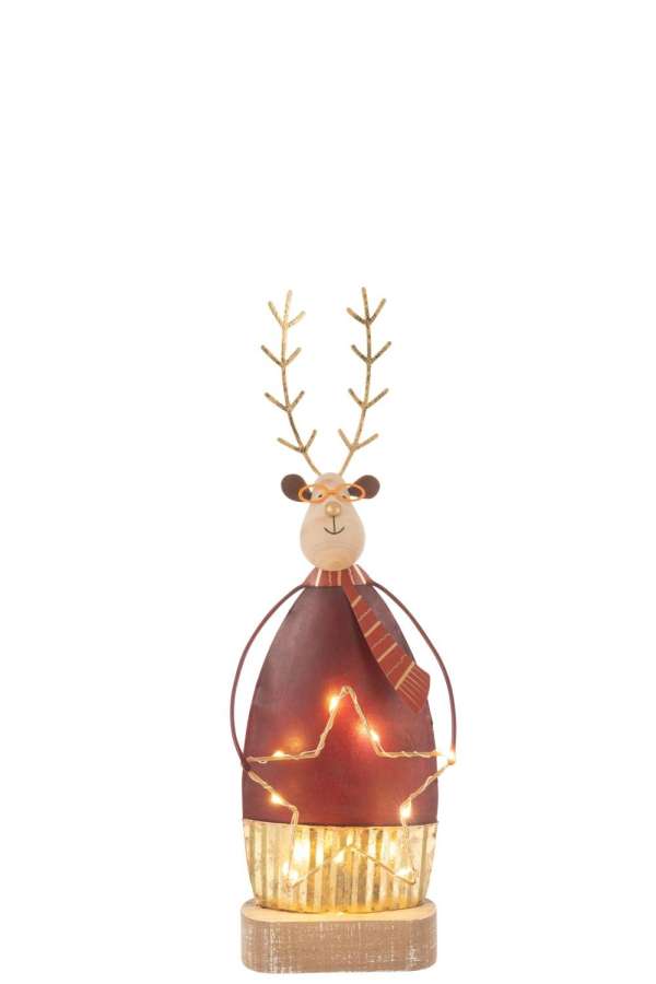 REINDEER DECO+SCARF/GLASSES LED METAL RUST/GOLD SMALL