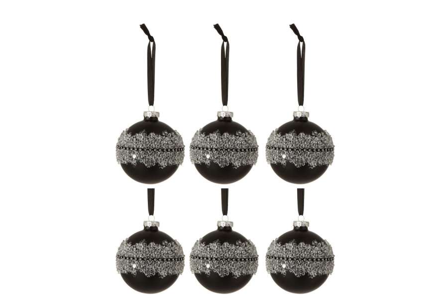 BOX OF 6 CHRISTMAS BAUBLES SUGAR MIDDLE DIAMONDS LINE GLASS MATTE BLACK SMALL