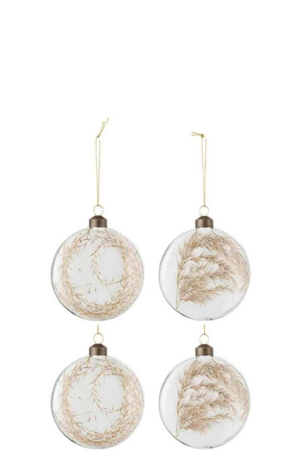 BOX OF 4 CHRISTMAS BAUBLES ROUND FLAT 2+2 DRIED PAMPAS GLASS TRANSPARENT MEDIUM