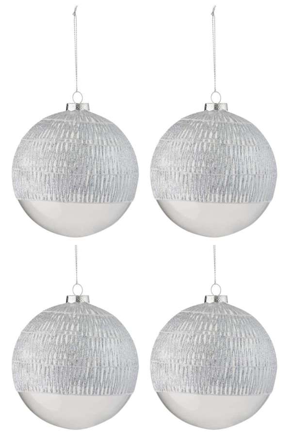 BOX OF 4 CHRISTMAS BALL LINE GLASS TRANSPARENT SILVER LARGE