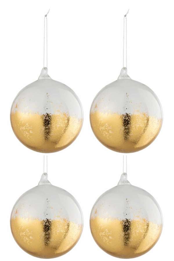 BOX OF 4 CHRISTMAS BAUBLES SHINY GOLD GLASS TRANSPARENT LARGE