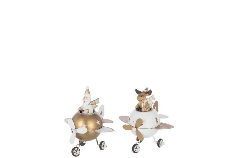 REINDEER + SANTA CLAUS IN PLANE METAL WHITE/GOLD COLORED SMALL ASSORTMENT OF 2